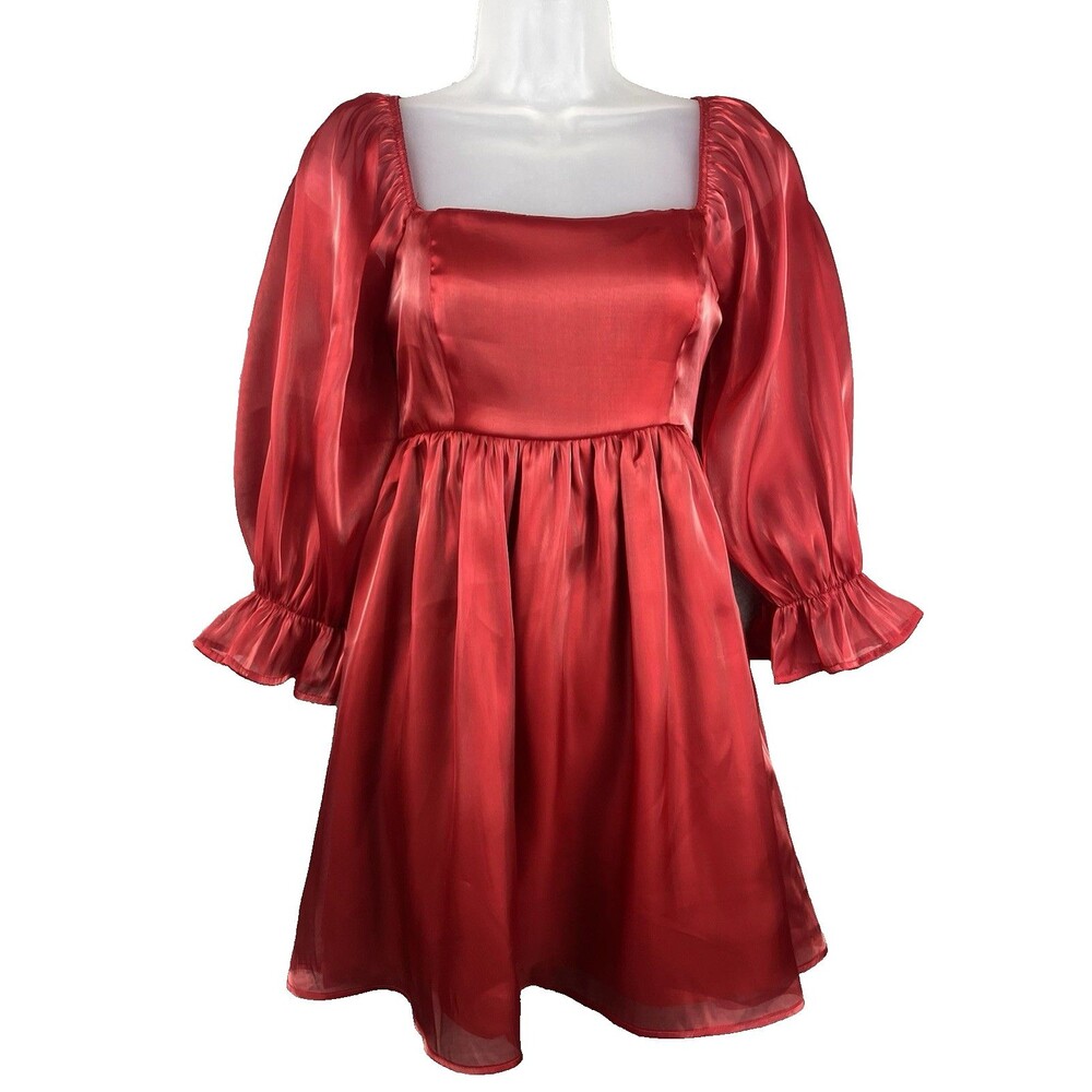 Thirty Thirty L/A Square Neck Babydoll Dress M Smocked Back Puff Sleeve Shimmer